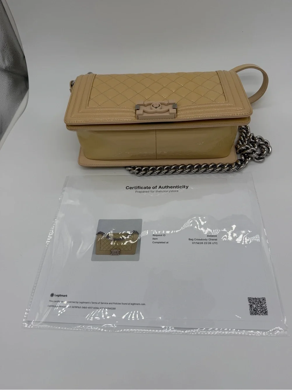 CHANEL Medium Boy Bag Beige Patent Quilted Shoulder Bag with Silver Chain